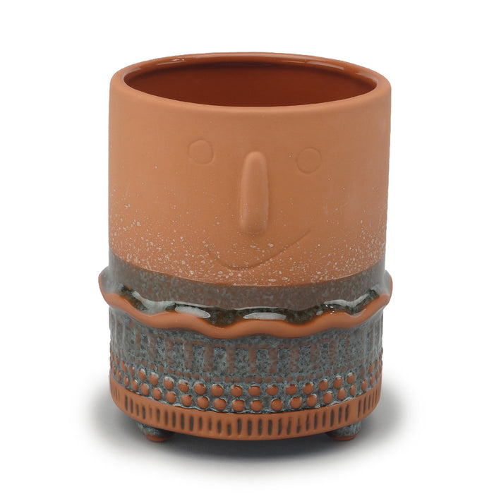 Cylinder Pot w/Glaze Design On Bottom - Terracotta/Blue