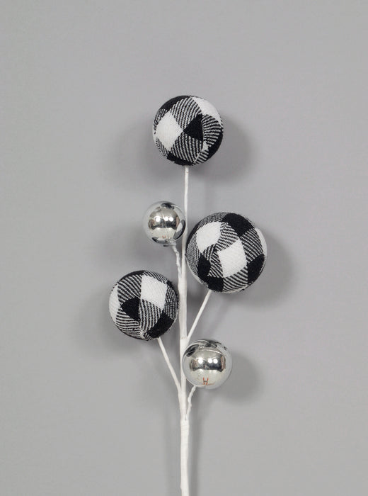 Ornament Ball Spray w/Buffalo Plaid - Black/White/Silver