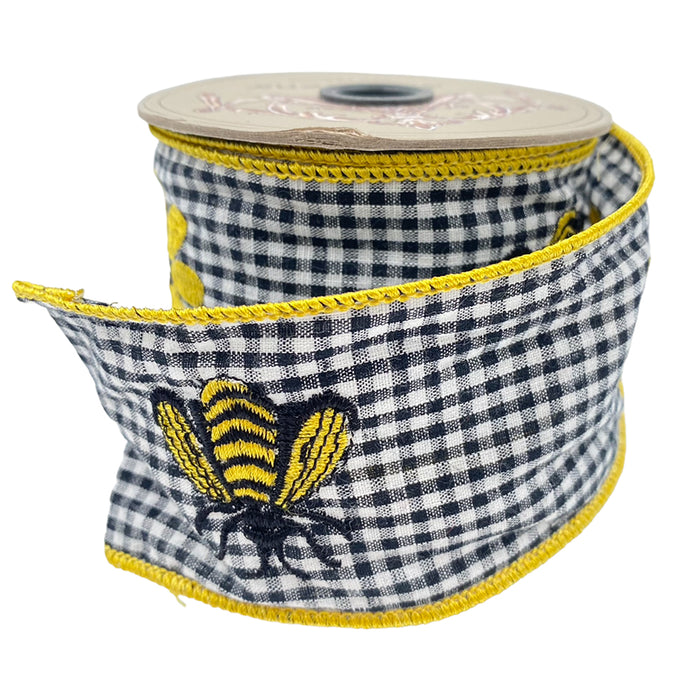 2.5" Checked, Bee & Black-Eyed Susan Embroidered Ribbon - Black/White