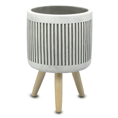 Cement Vertical Rib White Wash Round Pot w/Wood Legs