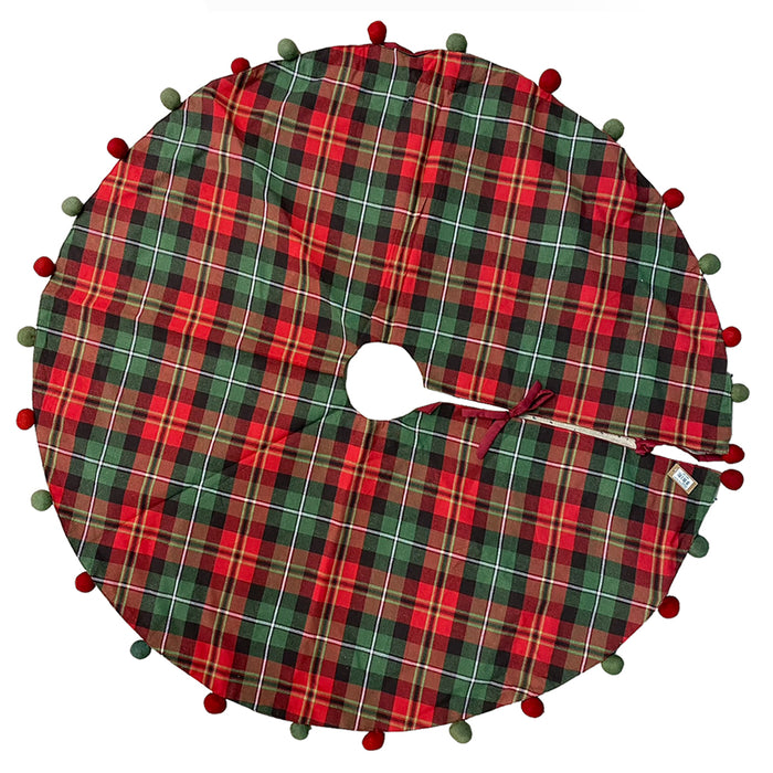 48" Plaid Round Tree Skirt w/Pom Poms - Red/Green