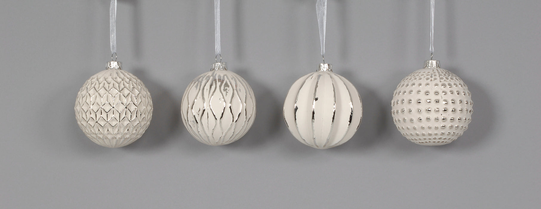 Glass Ball Ornament w/White Wash & Hanger - White/Silver