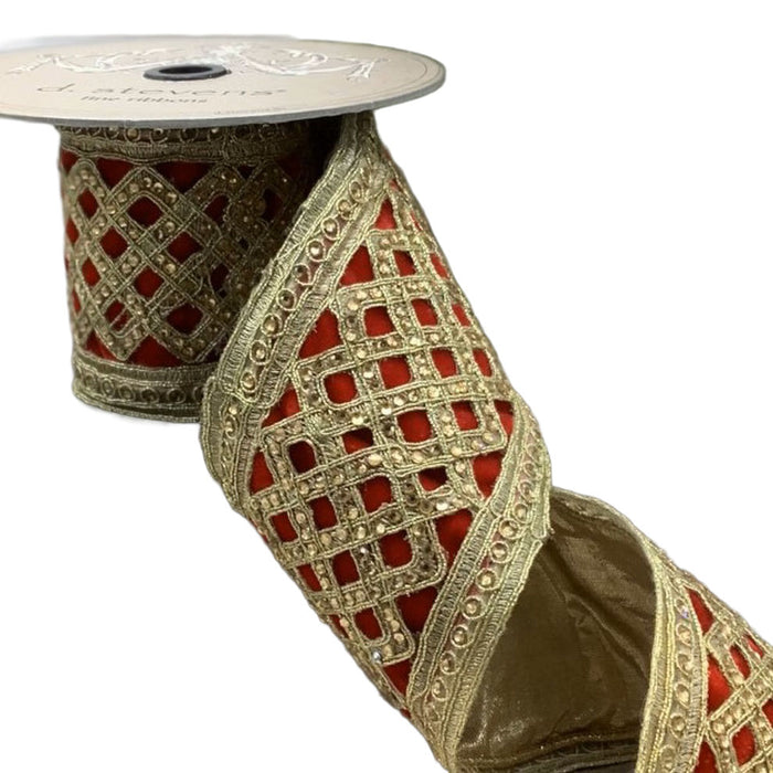 4 in Velvet Jewel Lattice Trim Ribbon - Red