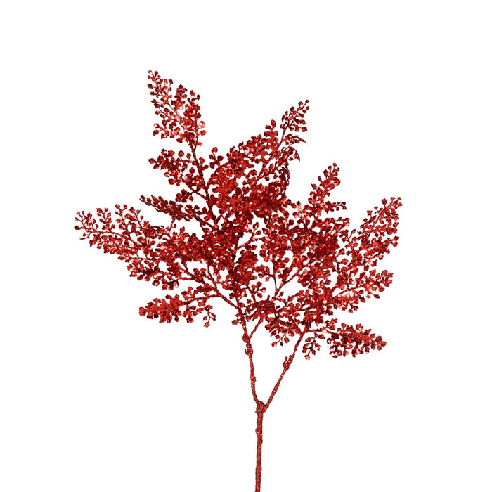Glittered/Sequin Fern Leaves Spray -  Red