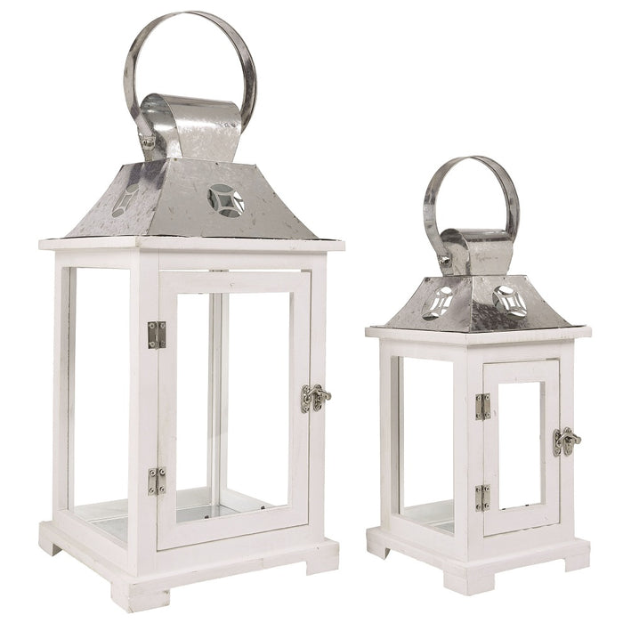 Square White Wood & Galvanized Lantern