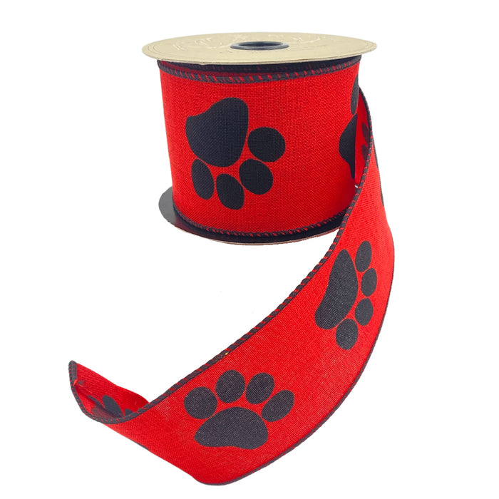 2.5" Faux Linen Black Print Dog Paws Ribbon - Red