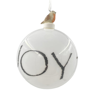 100mm Hand-Blown Glass "Joy" Ornament w/Porcelain Bird Cap