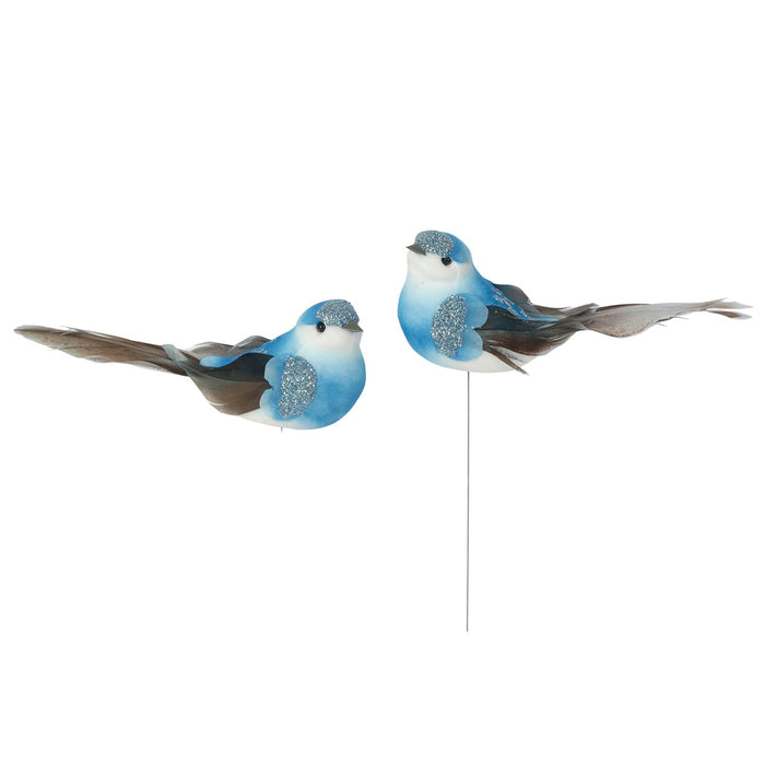 5 in Styro/Feather Bird w/Glitter & Wire - Blue/Glitter