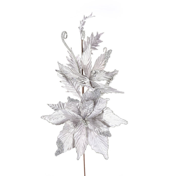 26" Velvet Glitter Poinsettia Swag - Dove Grey