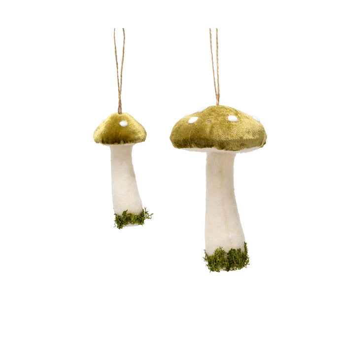 Set of 2 Velvet Mushroom Ornament - Green