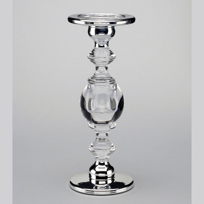 12" In Clear Glasrs High Candle Holder With Silver Trim