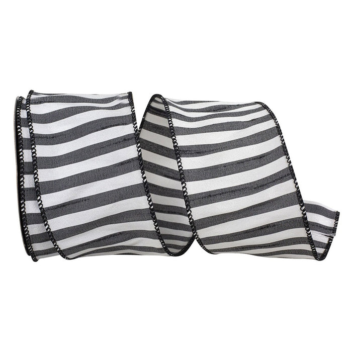 2 1/2 in Cabana Stripe Dupioni Wired Edge Ribbon - Black