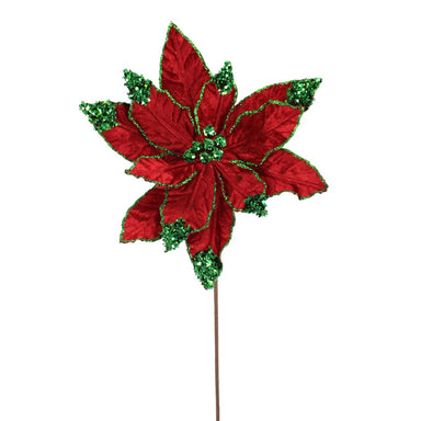 22 in Velvet Glitter Poinsettia Stem - Red/Green