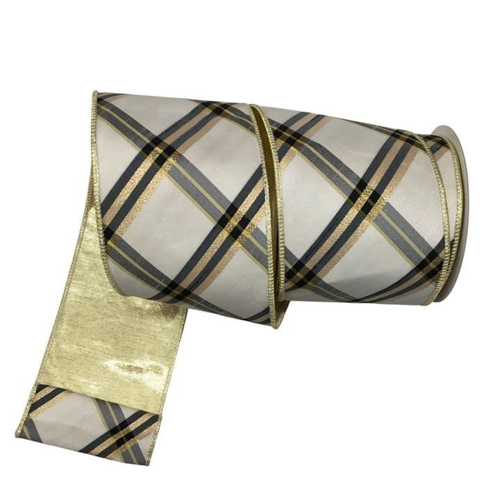 4 in Dupion Metallic Plaid Ribbon - Ivory/Champagne/Black