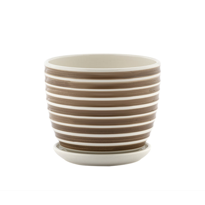 4.25" Taupe/White Striped Pot w/Saucer