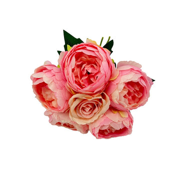 14" Peony/Rose Bundle Tied w/Raffia - Pink