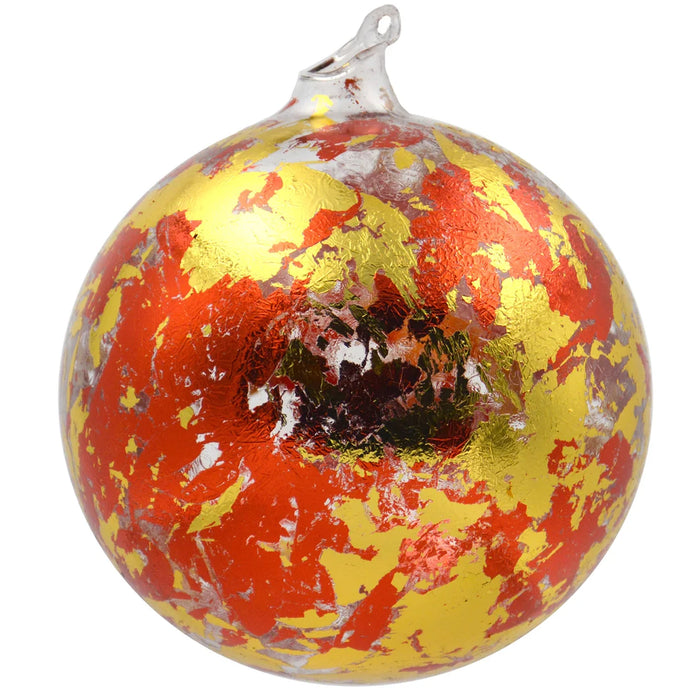 150Mm Metallic Leaf Glass Ball Ornament - Gold/Red