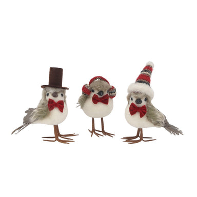 6 1/4 in Fabric/Flocked Styro Birds w/Hats, Bowties & Earmuffs
