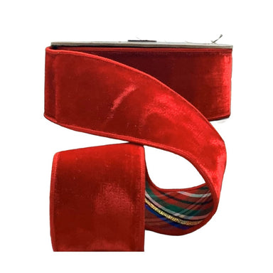 2.5 in Velvet Nutcracker Ribbon w/Plaid Backing - Red