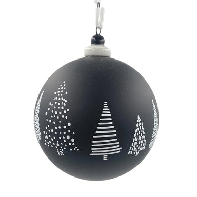 100mm Hand-Blown Bauble Porcelain Ornament w/Abstract Tree - Black