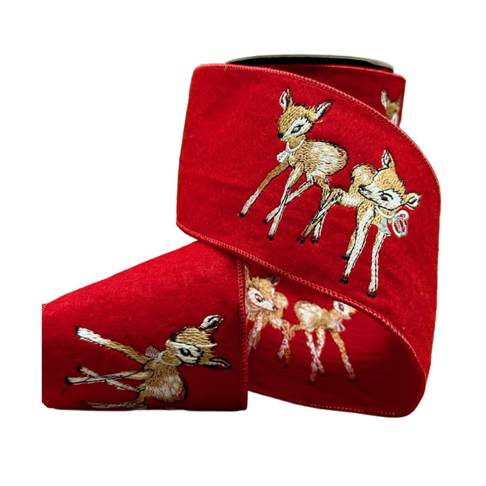 4 in Felt Baby Reindeer Embroidered Ribbon - Red