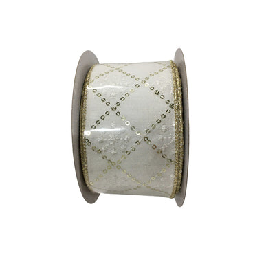 2.5 in Sequin Lattice Ribbon - White/Gold