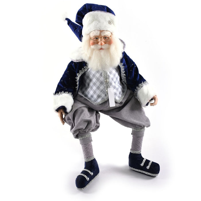 31" Sitting Velvet Check Santa - Blue/Grey