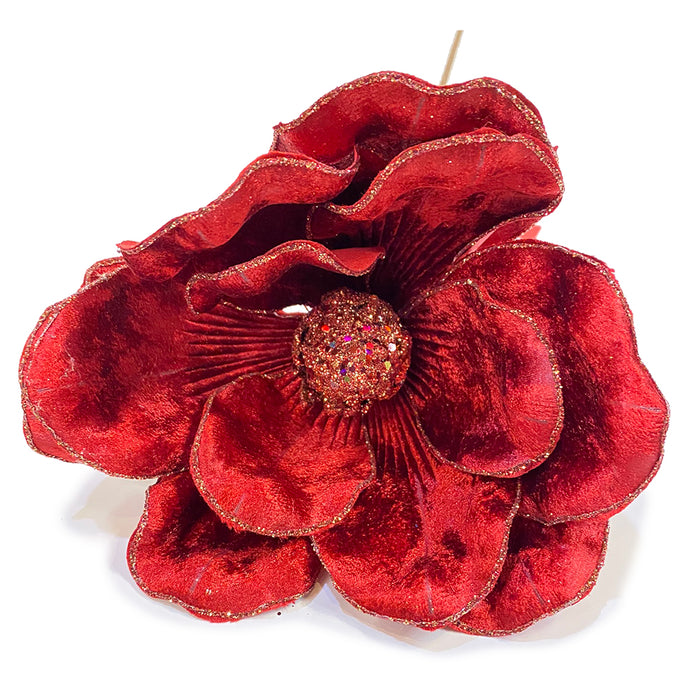 18" Velvet Magnolia w/Glitter Center & Edges - Dark Red