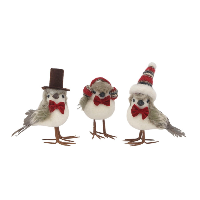 6 1/4 in Fabric/Flocked Styro Birds w/Hats, Bowties & Earmuffs