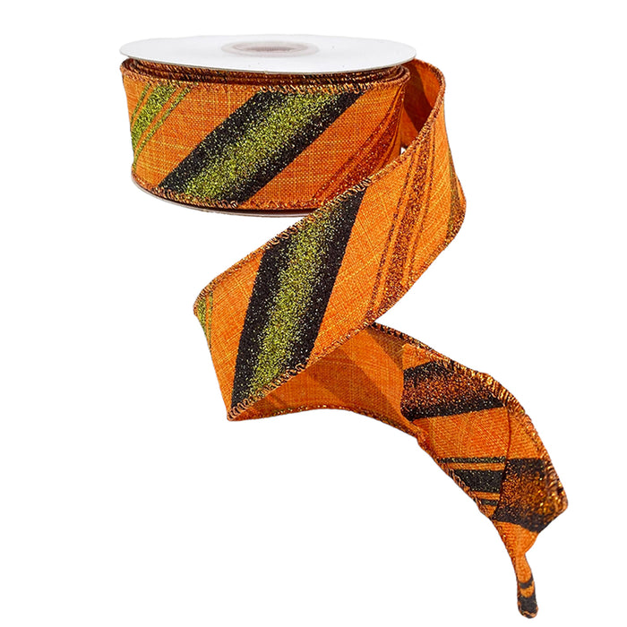 1 1/2" Linen Diagonal Stripe Glitter Ribbon - Orange/Black