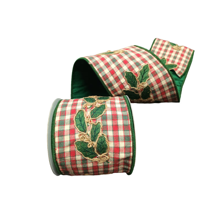 4 in Holly Checks Ribbon - Green/Red/White