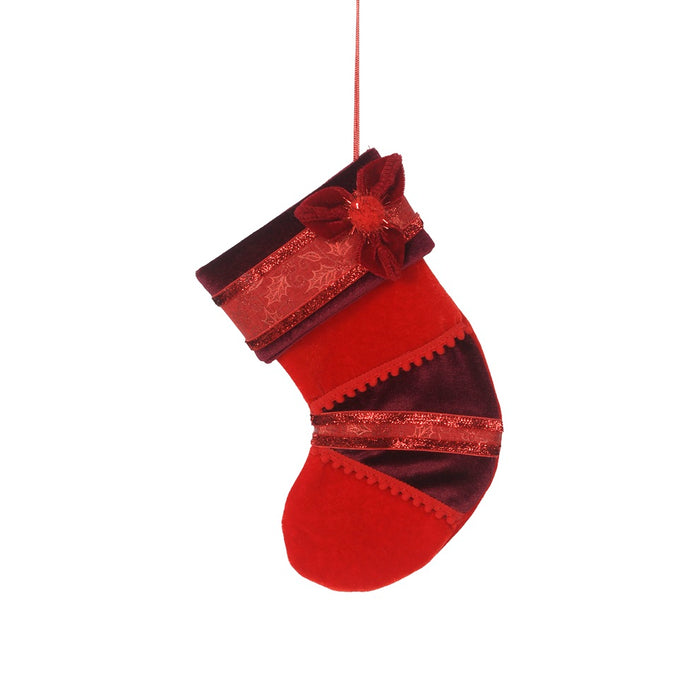 8 in Velvet/Mixed Fabric Stocking Ornament w/Hanger - Red/Burgundy