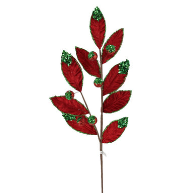 24 in Velvet Glitter Leaf Stem - Red/Green
