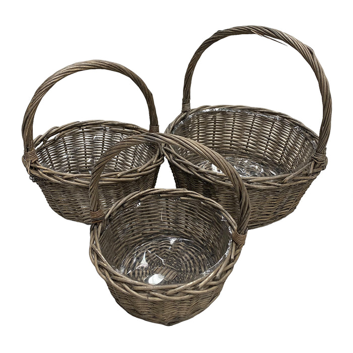 Set of 3 Round Gray Wash Willow Basket