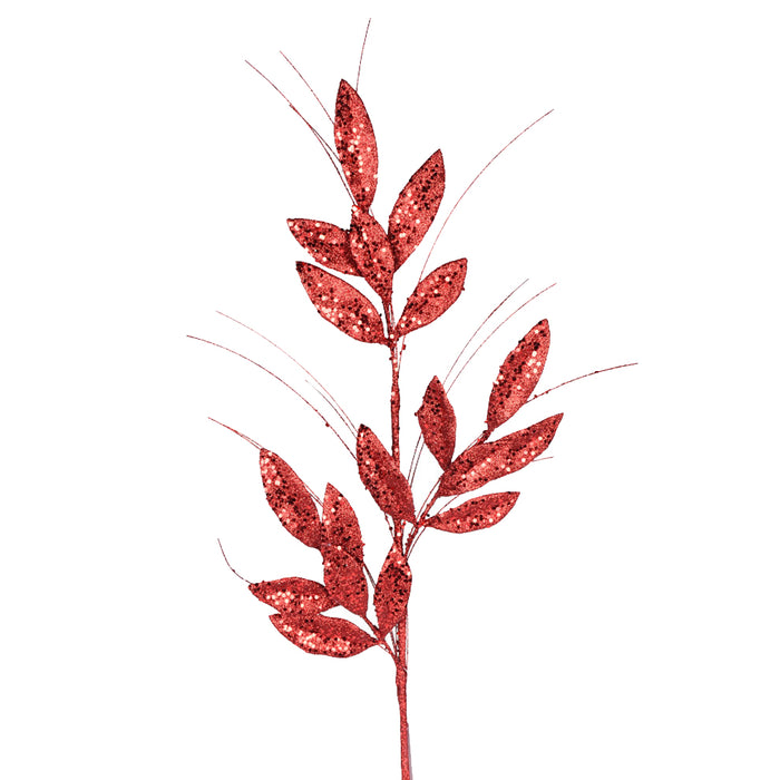 29" Glitter Bay Leaf Spray - Red