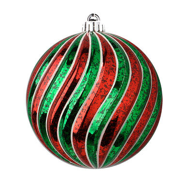 100 mm Antique Plastic Spiral Ball Ornament w/Cap Hanger - Red/Green/White (6/Box)