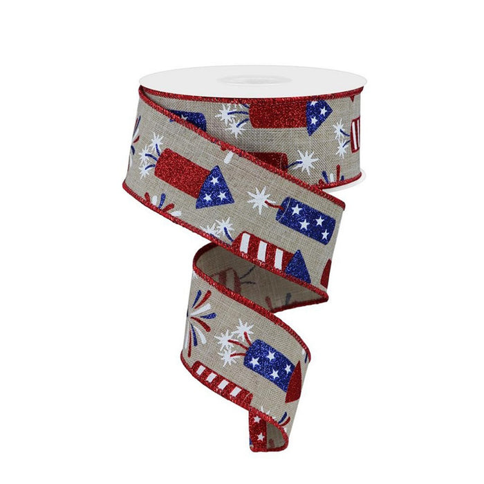 1.5 in Firecrackers Ribbon - Natural/Red/White/Blue