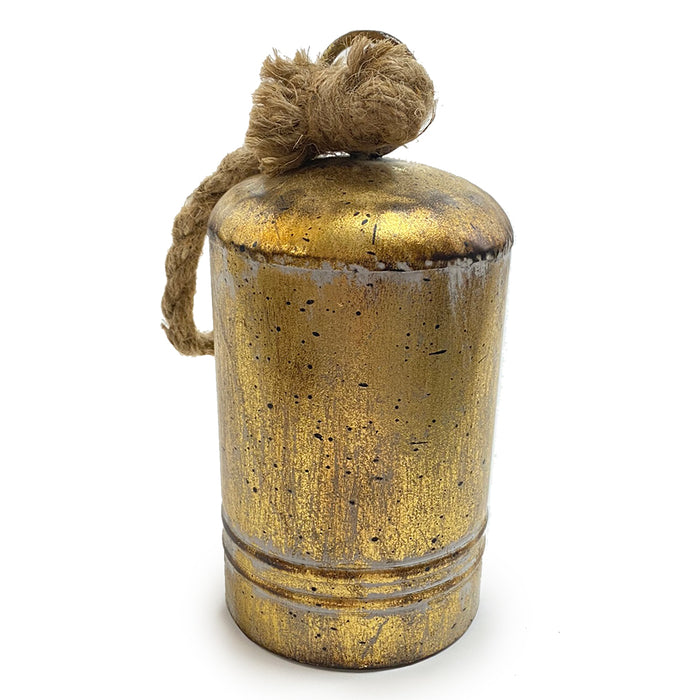 3 1/2" Antique Metal Bell w/Rope Hanger - Gold