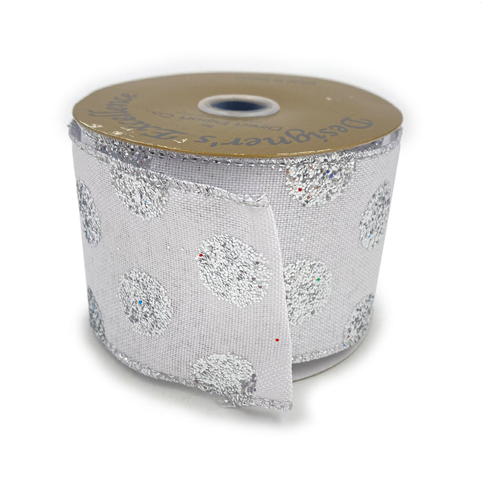Linen Glitter Polka Dot Ribbon - White/Platinum