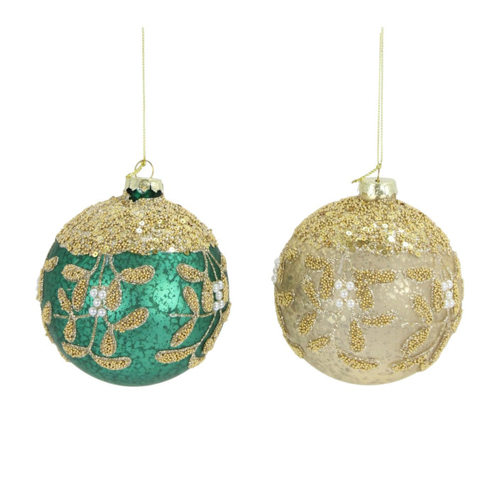 4 in Glass Vine Ball Ornament - Green/Gold