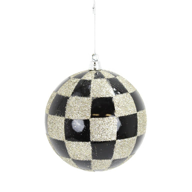 5 in Glitter Check Ball Ornament - Black/Champagne