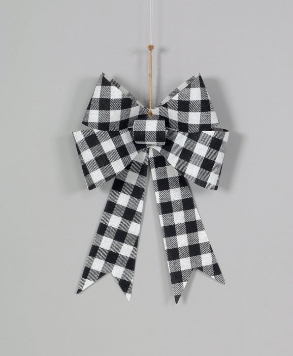 Plaid Fabric Bow Ornament - Black/White