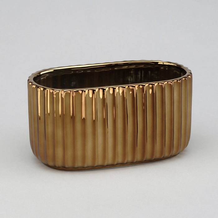 Oval Corrugated Metallic Pot - Gold