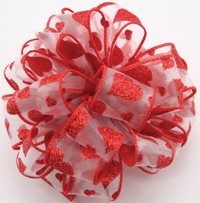 1 1/2 in Wired Heartsie Ribbon - White
