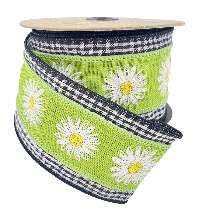 2.5" Faux Linen Printed Daisy Ribbon - Green/Black/White