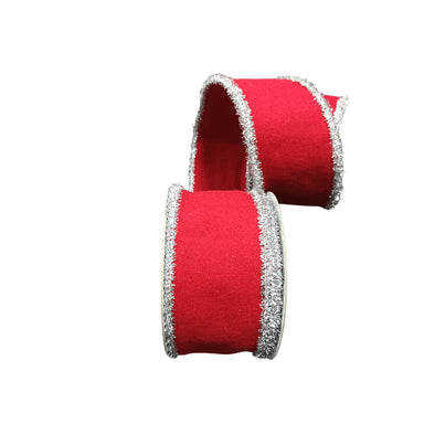 2.5 in Felt Tinsel Edge Ribbon - Red/Silver