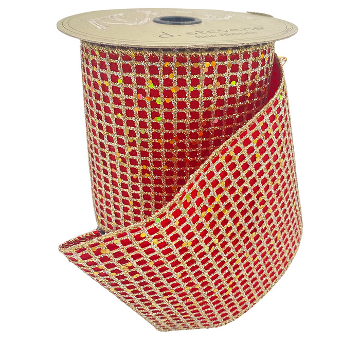 4" Taffeta Glitter Mesh Ribbon - Platinum/Red