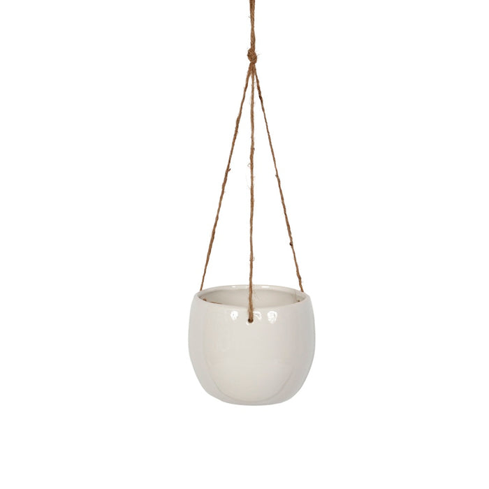 5 3/4" Ceramic Hanging Globe Pot w/Rope Hanger - White