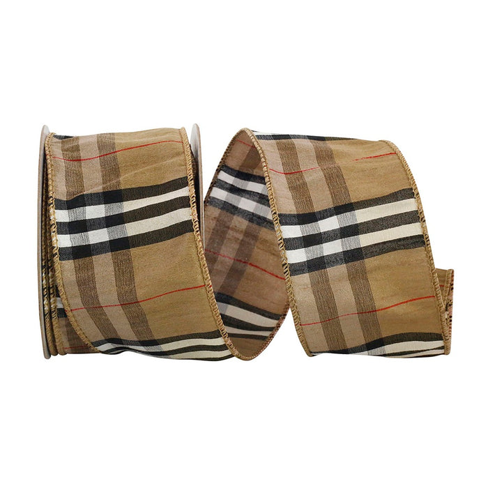 2 1/2 in Plaid Dupioni Burbank Tierra Wired Edge Ribbon - Brown