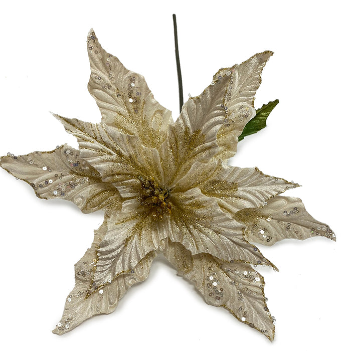 23" Velvet/Glitter Poinsettia - Cream/Gold